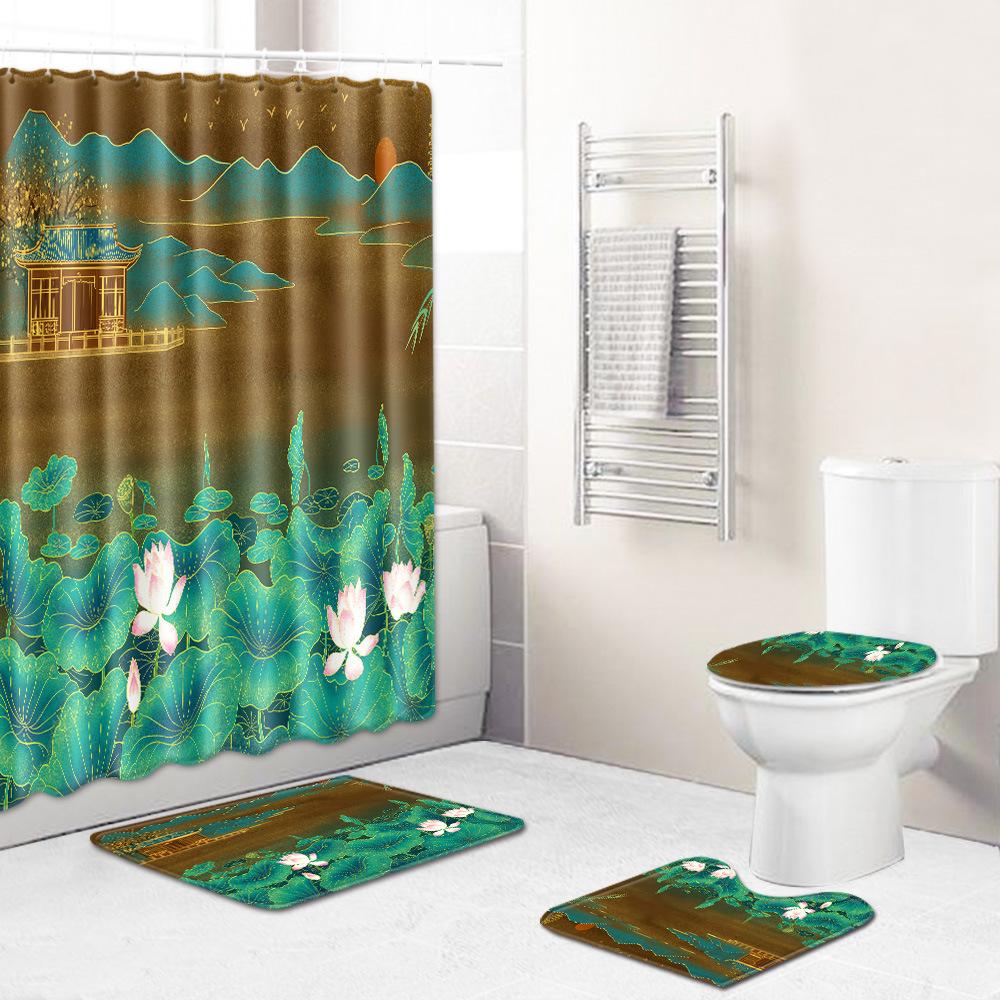 Chinese Antique Bronzing Night Flower Bathroom Floor Mat Shower Curtain Combination Floor Mat Support