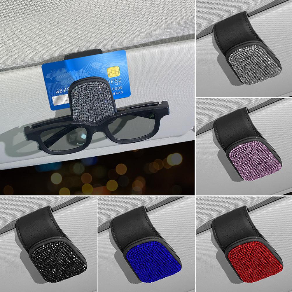 Portaocchiali da sole in cristallo con strass per auto, clip per custodia per occhiali da sole per auto, aletta parasole, supporto per biglietti da visita, fissaggio, accessori per auto