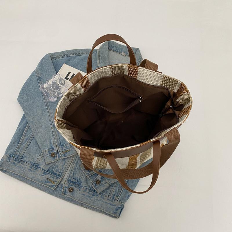 Canvas Bag Large Capacity Shoulder Bag for Female Striped Tote Bag