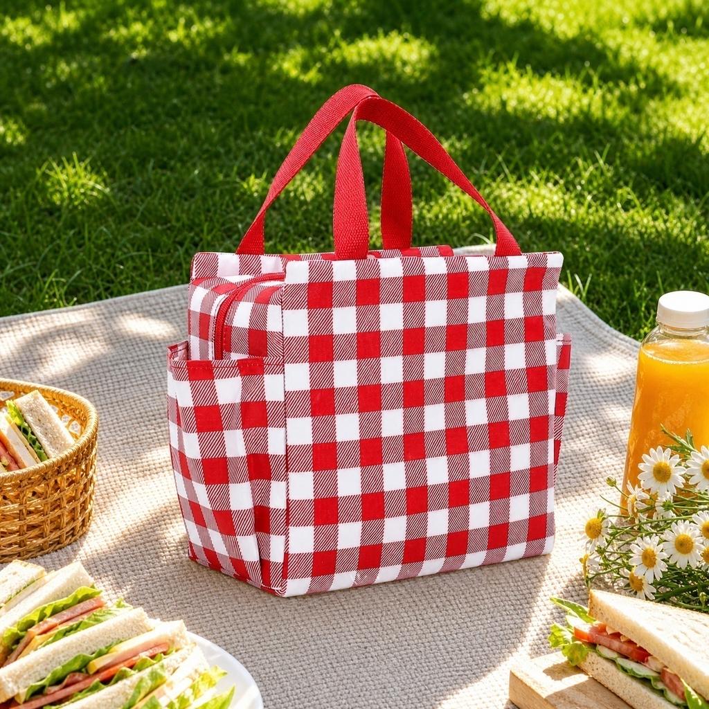Oxford-Stoff-Tragetasche mit doppelten Seitentaschen, isolierte Lunchtasche, kariertes Muster, strapazierfähiger Tragegriff für den täglichen Gebrauch