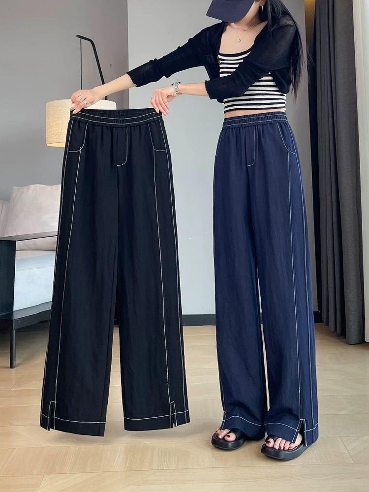 Women's Summer High Waist Wide-Leg Denim Pants with Slit - American Style, Thin Fabric, Fashionable Casual Blue.