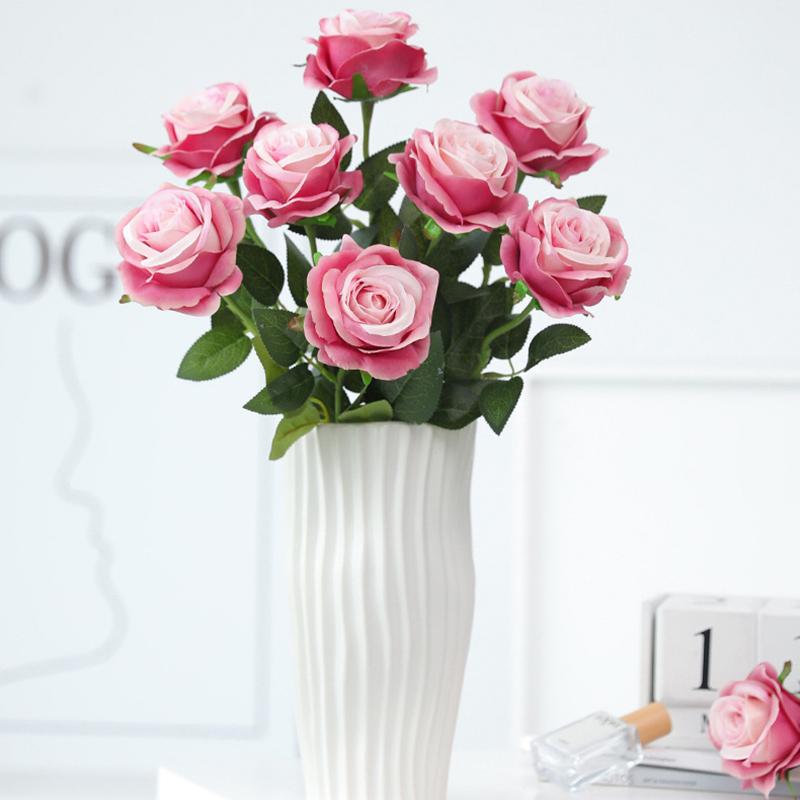 3PCS Realistic Touch Colorful Artificial Roses Flowers Rainbow Lifelike Silk Roses Flowers Non-Fading Plastic Fake Flowers