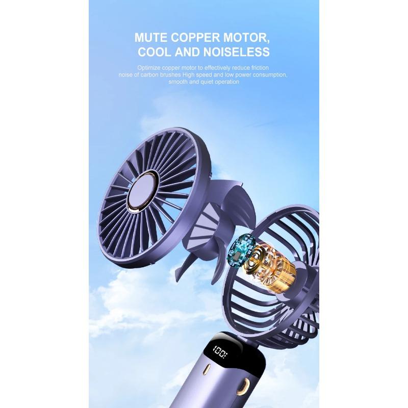 Mini ventilator portabil USB, pliabil, portabil, agățat pentru gât, ventilator reîncărcabil prin USB cu 5 viteze, cu suport pentru telefon și ecran de afișare