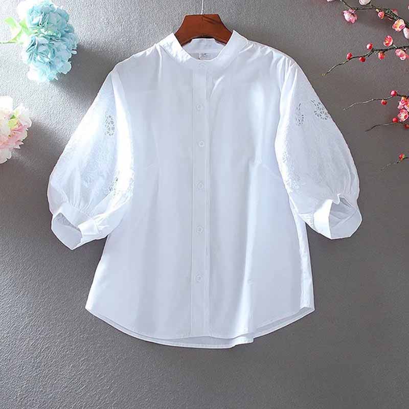 Summer Pure Cotton Stand-up Collar Hollow Out Embroidered Shirt Tops Women Temperament Loose Fitting Lantern Sleeve Blouse