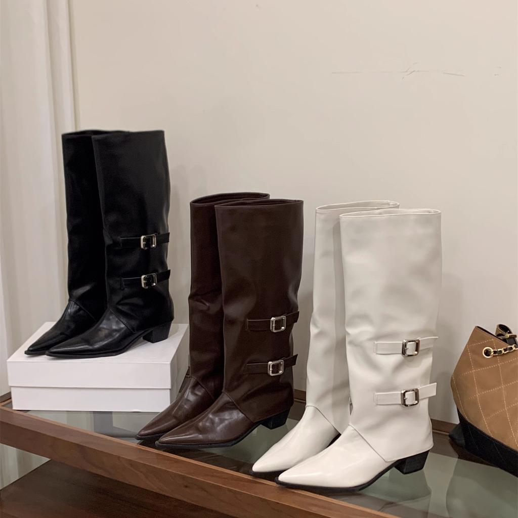 High Heel Pointed Brown Pants Boots Women's Boots 2025 Autumn and Winter White Skinny Boots Medium Knight Boots