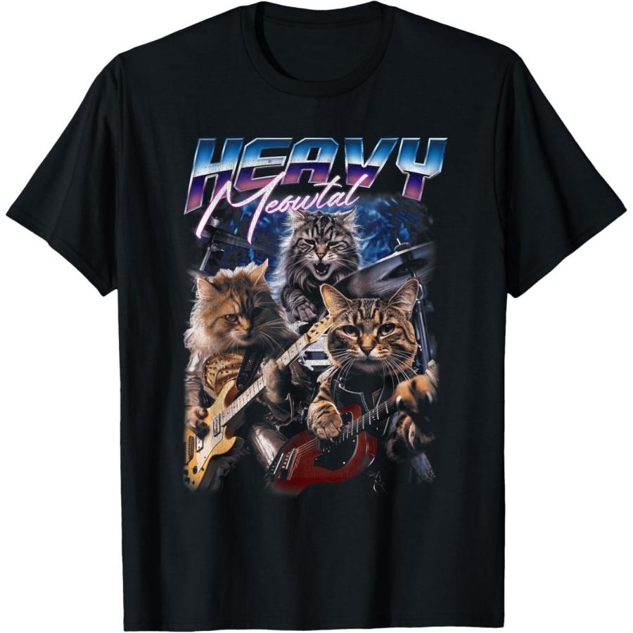 TcSerEinlO Heavy Meowtal Distressed Rock Cat Playing Guitar Music Bands T-Shirt S