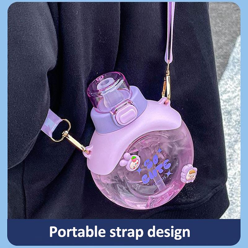500ML Transparent Flat Water Bottle With Straw BPA Free Cute Summer Portable School Children Fall-proof Plastic Cups