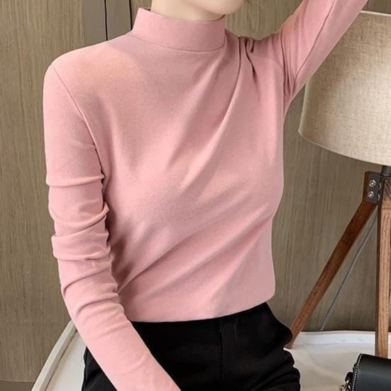 Half High Collar Long Sleeves Slim Fit Bottoming Blouse Autumn Winter Thickened Double-Sided Fleece Pure Color Thermal Top Daily Clothing