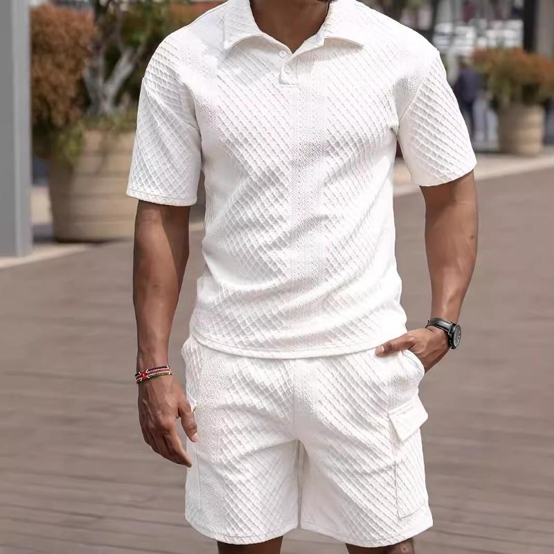 Mens Casual Waffle Knit Polo Short Sleeve T Shirt And Cargo Shorts Set S белый