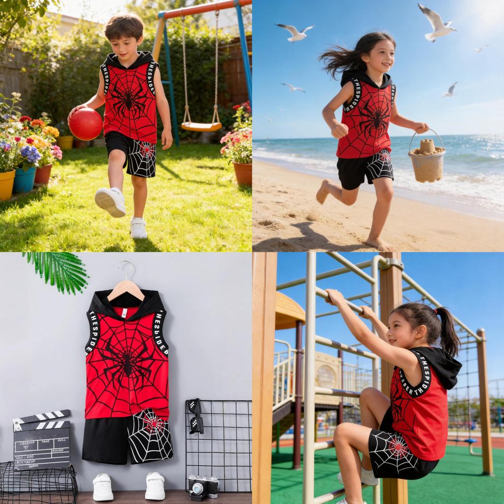 Spiderman Kinder Kurzarm Zweiteiler Set Mit Kapuzenpullover Baumwolle Sommer Outfit Für Kinder