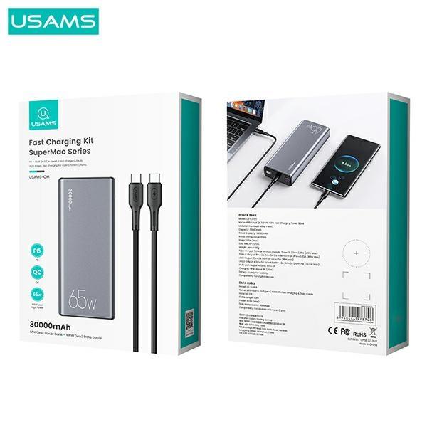Usams Powerbank Pb59 30000Mah 65W2Xqc3.0+Pd Fast Charge Czarny/Black Cmxlogtc01 (Us-Cd165) + Kabel Usb-C-Usb-C