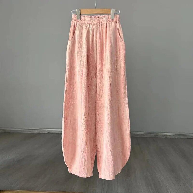 Johnature Women Vintage Tie-dye Bloomers Pants Elastic Waist Loose Spring Trouser Casual Women Long Pants