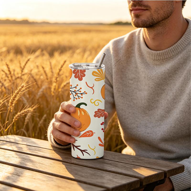 591ml Straight Cup Bountiful pumpkins and melon fruits Straw Cup Gift Cup Skinny Tumbler Portable Tumbler Metal Coffee Mug