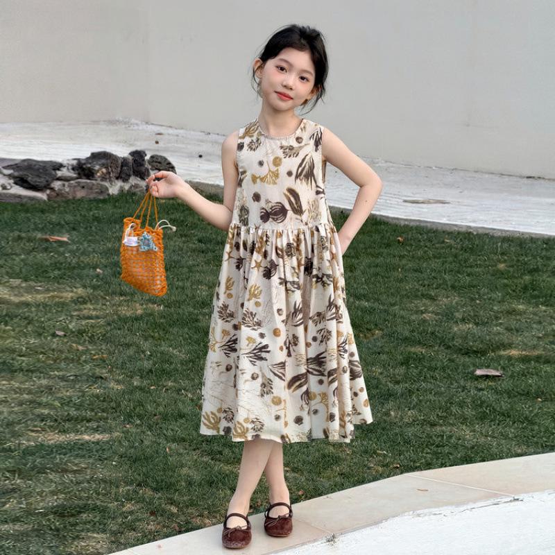 Girls 2026 Summer Floral Spaghetti Strap Dress - High-End, Stylish Tank Top Dress 120 cm