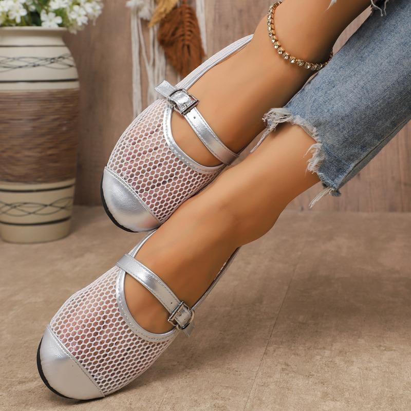 Chaussures plates pour femmes à la mode en maille épissée respirante à une sangle, semelle souple antidérapante résistante à l'usure, chaussures à bout rond