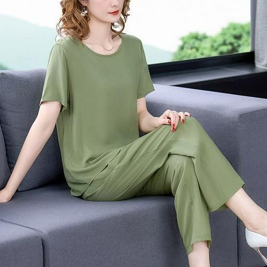 Summer Cotton Silk Women's Loose Two-Piece Set: Solid Color Short Sleeve Top and Long Pants, Plus Size Casual Wear.