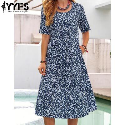 Damenmode Sommer Frühling Blumenmuster Druck Kurzarm O-Ausschnitt Mittlere Taille Freizeitkleider