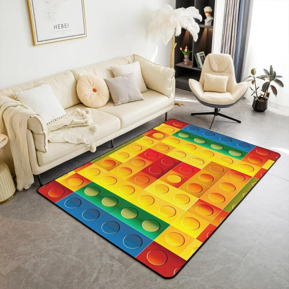 Rainbow Building Blocks Inspired Carpets for Living Room Decor Construction Carpet for Boys Girls Bedroom Washable Entrance Rug
