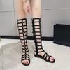Roman Tall Lace-Up Sandals Women's Summer Round Toe Cutout Long Tube No Knee One Strap Flat Open Toe Cooling Boots