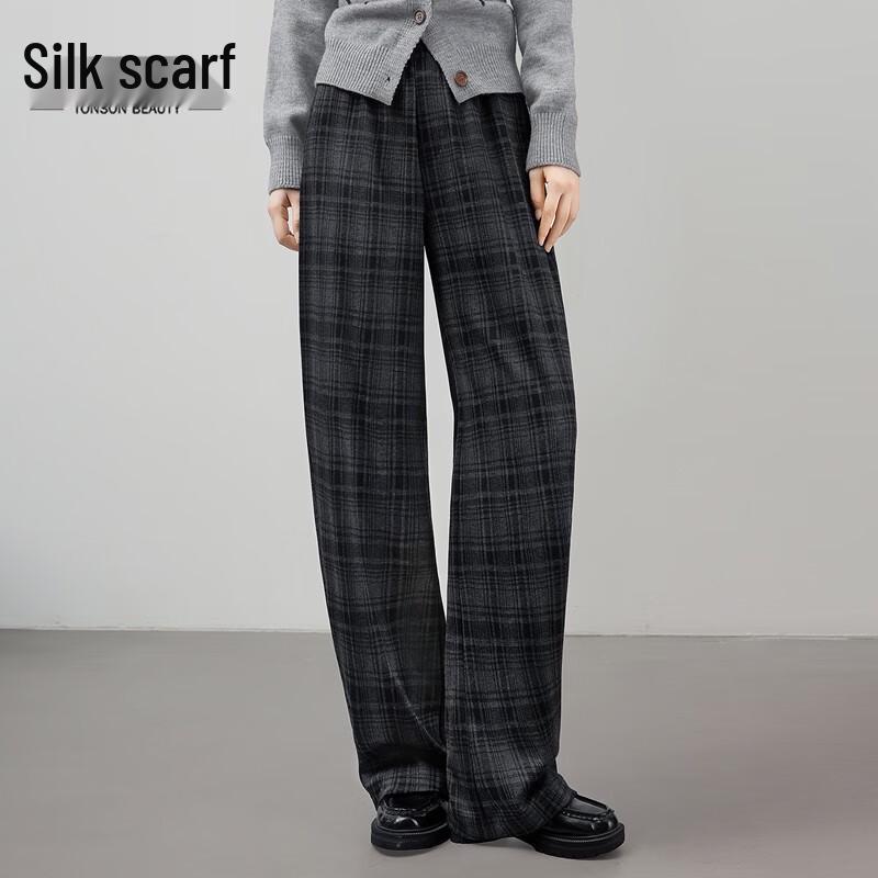

Women s Plaid Wide-Leg Elastic Waist Trousers M