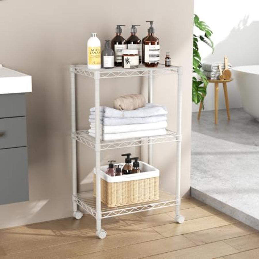 3 Estantes Pequeños Estante de Almacenamiento Unidad de Estanterías de Alambre Estante Metálico Organizadores Ajustables Estantería de Almacenamiento con Ruedas para Baño La