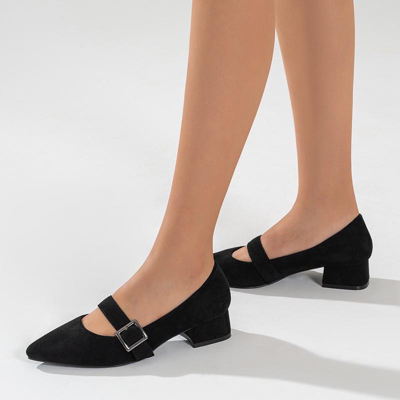 Women's Summer Pointed Toe Mary Jane Flats with Chunky Low Heels and Single Strap Buckle