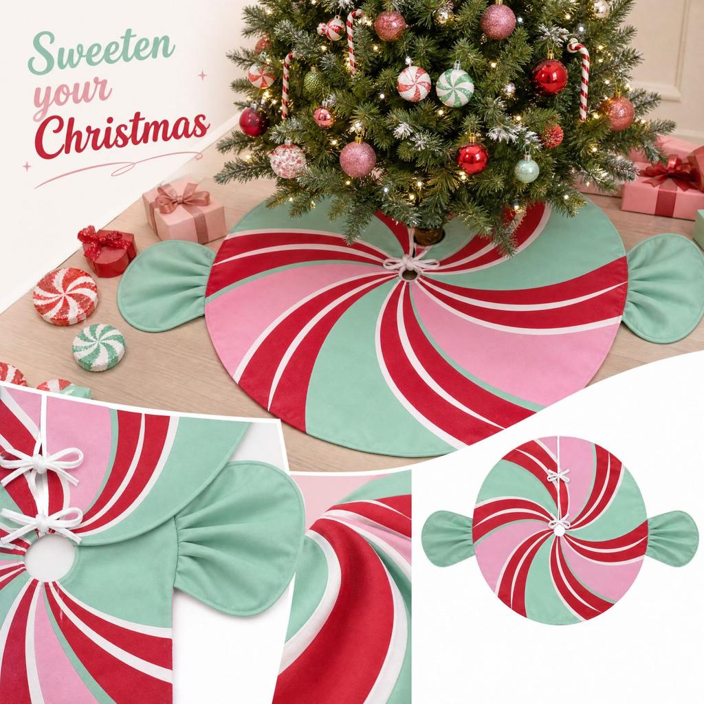 Candy-Shaped Christmas Tree Skirt and Green Contrasting Colors, Christmas Tree Base Decoration