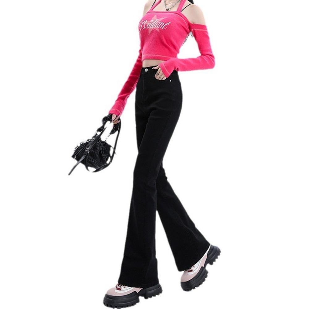 Versatile high-waisted micro-flared pants elastic and thin jeans women's autumn horseshoe long denim plus trousers