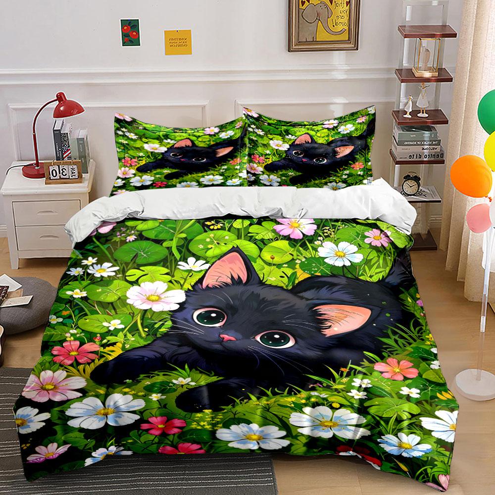 Cute Floral Cat Set - Home Decor Accessories Multiple Sizes Kid'S And Adults' Bedroom Exquisite 3Pc Bedding Set, Gift