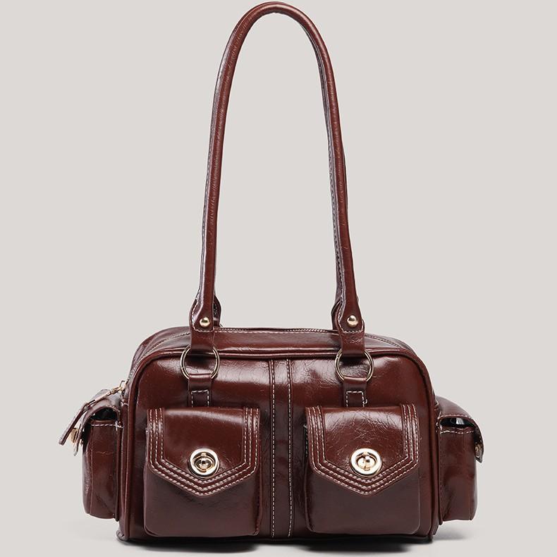 Sweet And Cool Babes Retro Locomotive Bag Women'S Versatile Black Multi-Pocket Handbag Large Capacity Shoulder Boston Bag