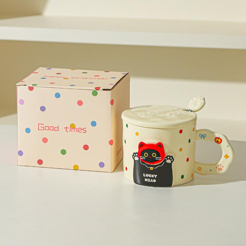 Cute cat ceramic mug with lid spoon coffee water cup couple cup with gift high value