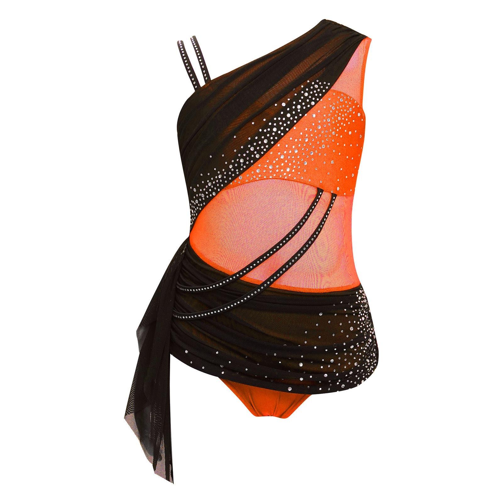 

Сукня для ліричного танцю для дівчаток, дизайн колор-блок, прозора сітка, драпірування, асиметрична, з блискучими стразами 5-6 Years помаранчевий