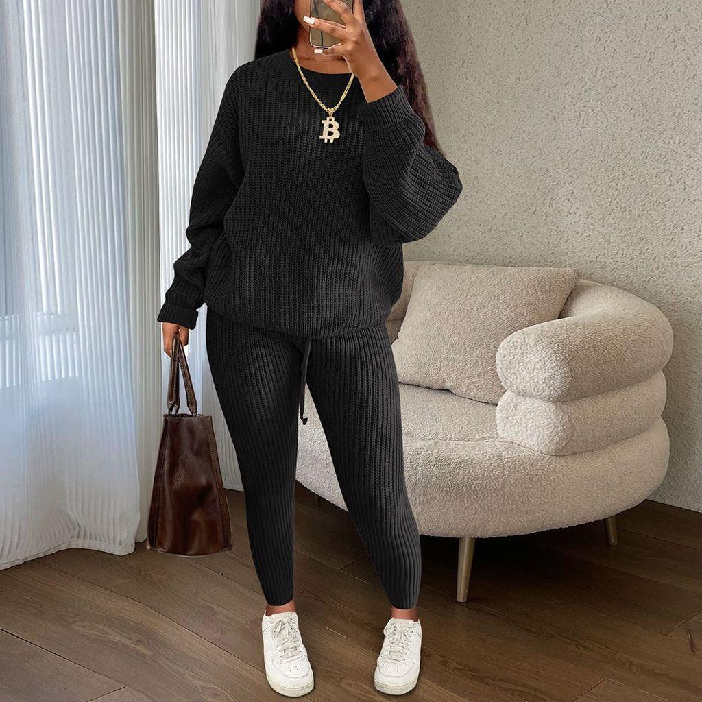 Womens Cozy Knit Sweater Pants Set With Belt For Casual Winter Wear