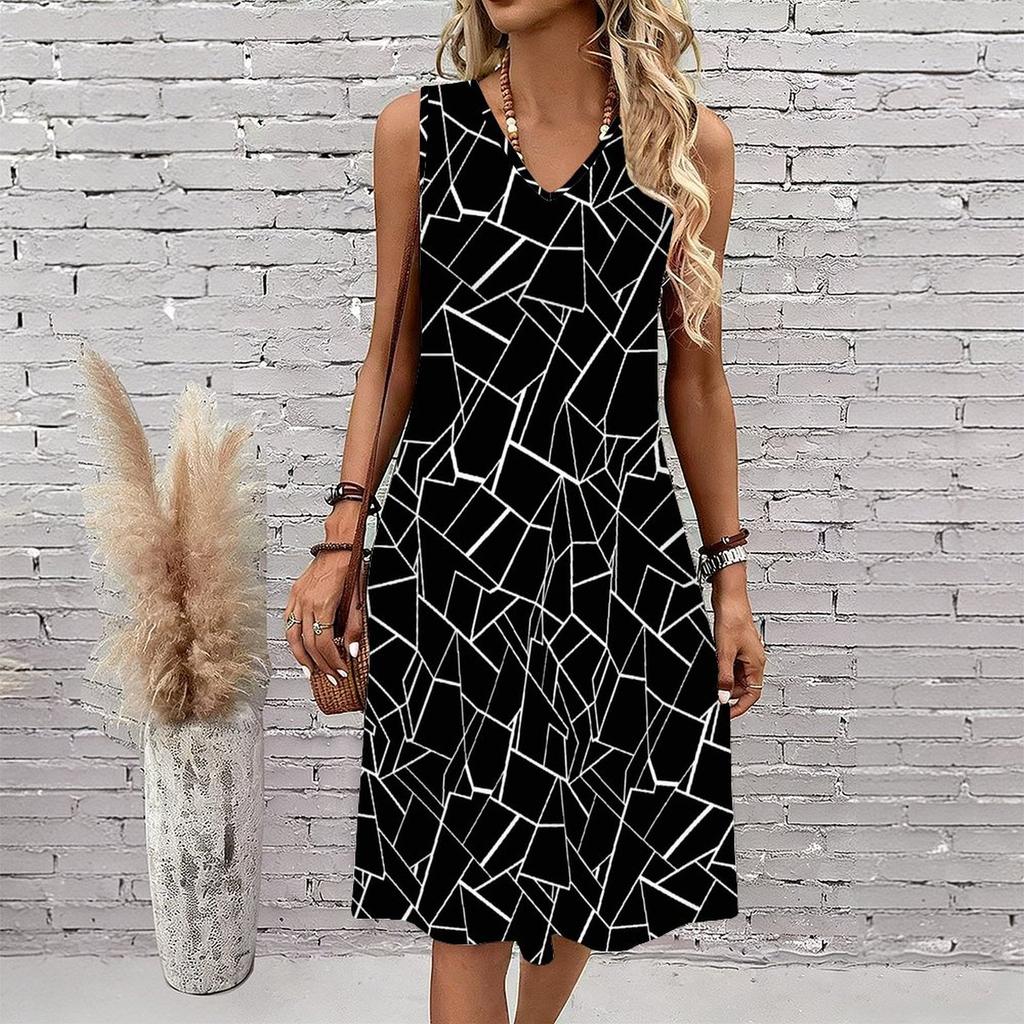 Plus Size V Neck Sleeveless Lush Bamboo Valley Stream Scenery Print For Outdoor Summer Wear