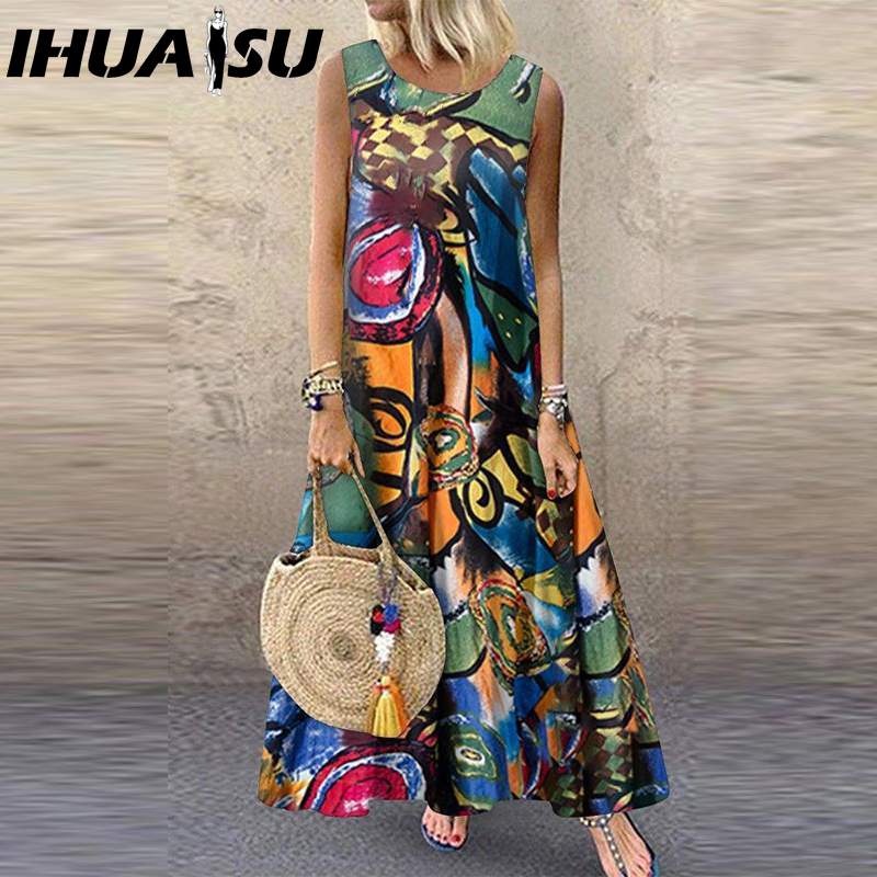 

IHUASU Стильное летнее свободное женское платье без рукавов с винтажным принтом XXL