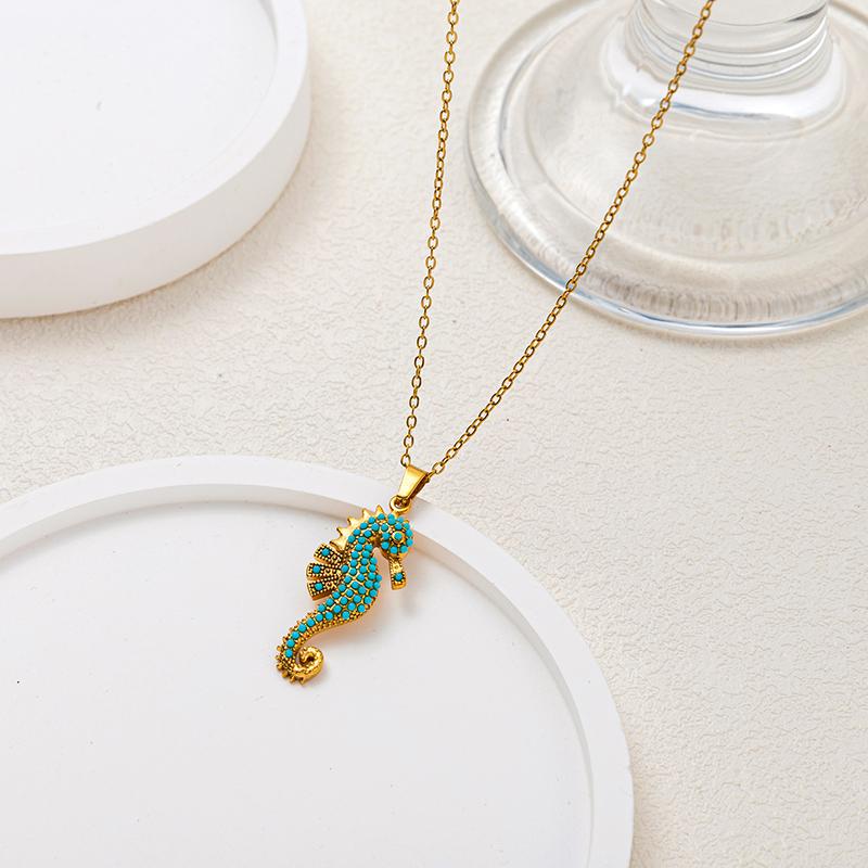 Stainless Steel Seahorse Pendant Necklace Turquoise Boho Ocean Jewelry For Women