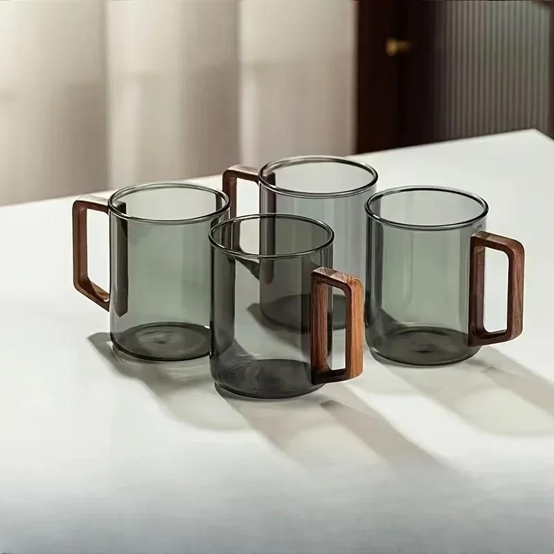 440ml Glass Cups with Walnut Handle Household Heat-resistant Mug Large Capacity Tea Making Glassware Office Drinking Glasses