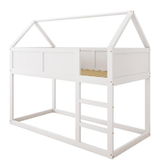 Bunk Children Bed, 90 x 200 cm, Low Bunk Single Bed, Loft Bed with Stairs, Solid Wood Frame, Wood Color