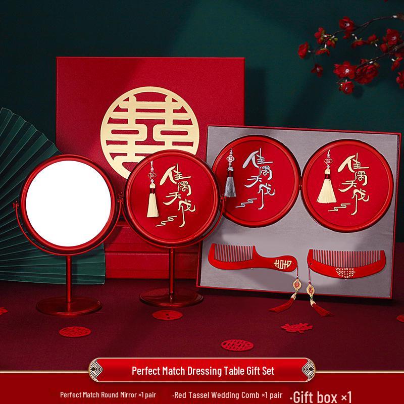 Double Happiness Red Wood Bride Gift Set: Mirror & Comb Collection