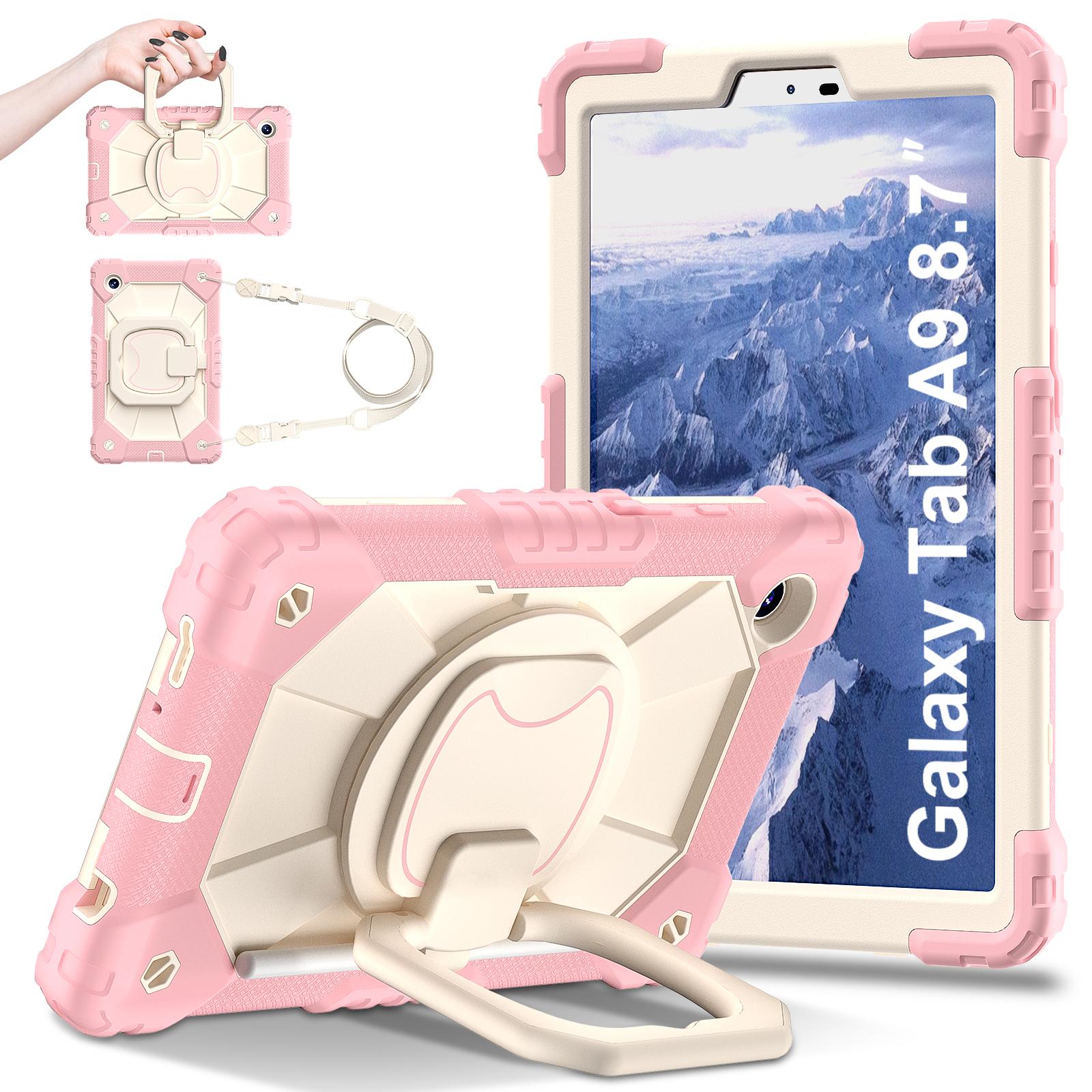 

Rotating Heavy Duty Case For Samsung Galaxy Tab A9 2023 8.7 SM-X110 X115 X117 Anti-Slip Armor Cover With Handle Grip Neck Strap A9 SM-X110 X115 X117 розового золота