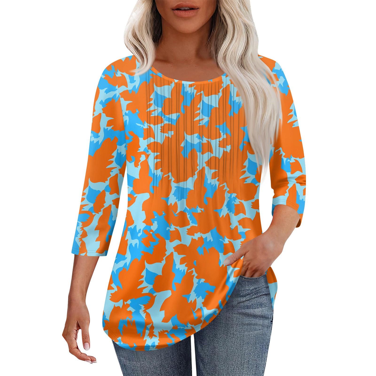 

Женская модная повседневная плиссированная футболка с круглым вырезом и рукавами три четверти с повседневным цветочным принтом XL шафрановый