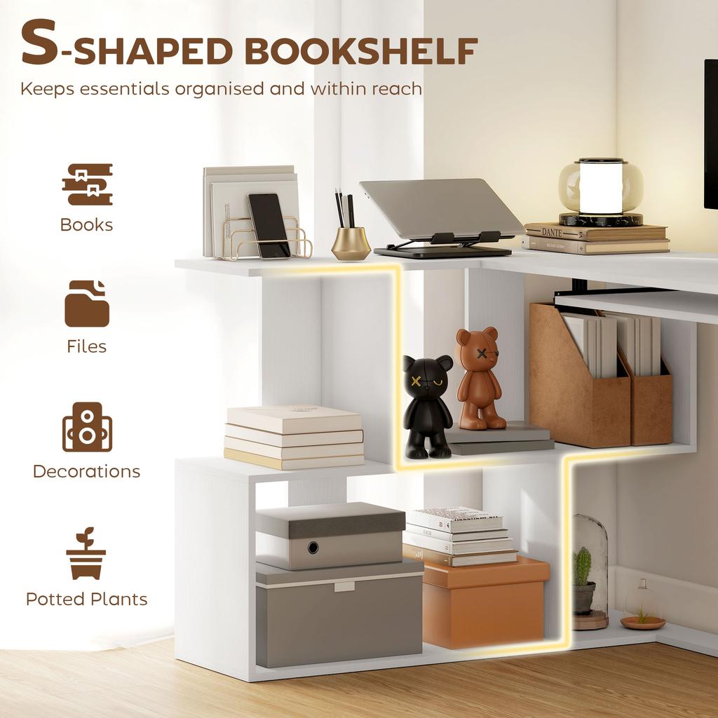 L Shaped Corner Desk Computer Desk With Keyboard Tray And Open Shelves White Wood Effect