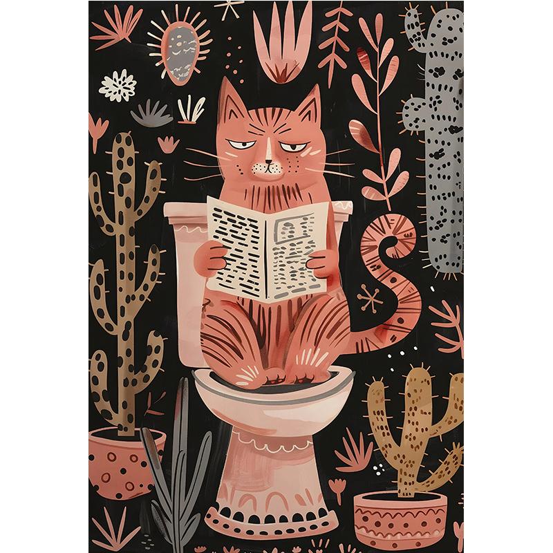 Funny Black Cat Animals On The Toilet Reading Poster Bath Prints Canvas Painting Wall Art Pictures for Toilet WC Home Decor