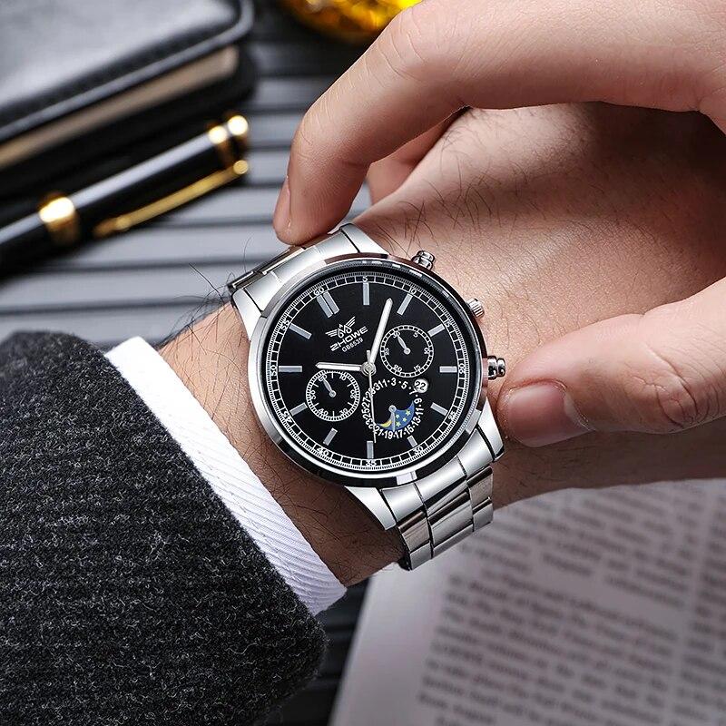 

Men s New Explosive Fashion Trend Business HIGH-TECH Fake Three-eye Calendar Quartz Steel Belt Watch