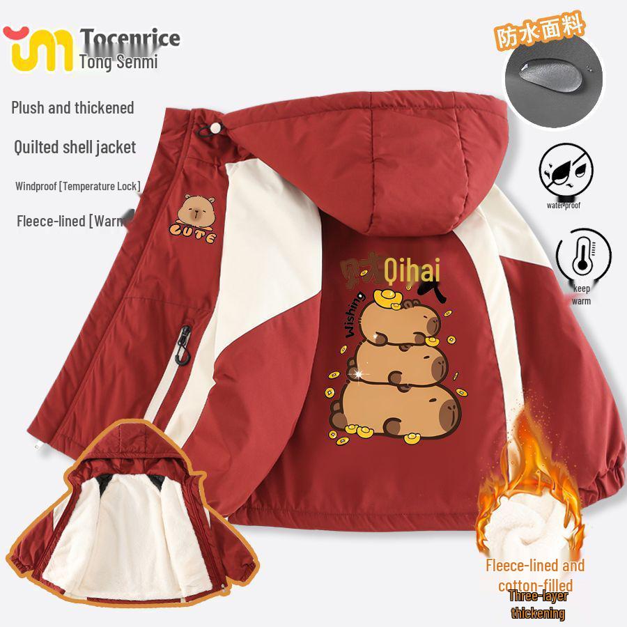 

Trendy Cartoon Capybara Hooded Red Jacket - Plus Velvet, Thickened, Padded, Cotton, Perfect for New Year Size: 110 (Height 100+ cm)