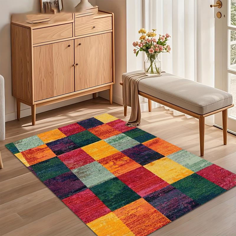 Bold Geometric Patchwork Area Rug with Bright Multicolor Squares Non Slip Floor Carpet for Nursery Bedroom Living Room