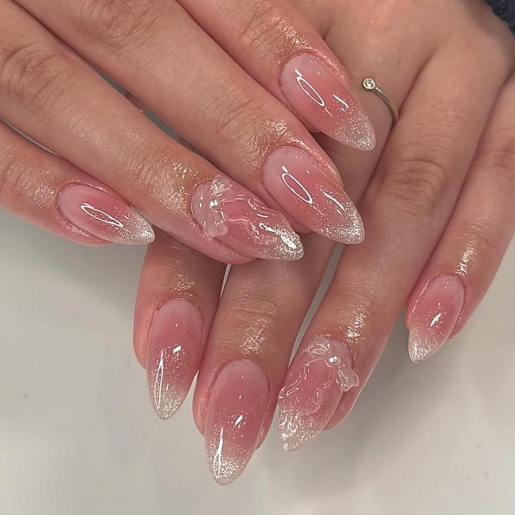 Fresh Natural Gradient Blush Nail Art with 3D Bow and Cat Eye Press-On False Nails