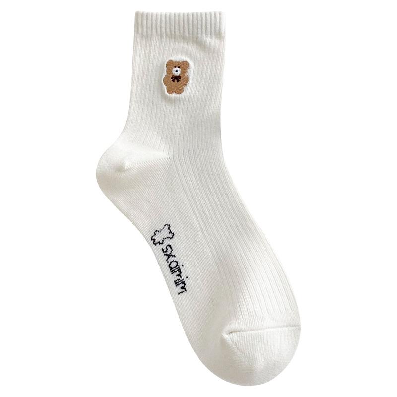 5 Pairs of Female Spring and Summer Cute Cartoon Letter Bear Tube Cotton Socks