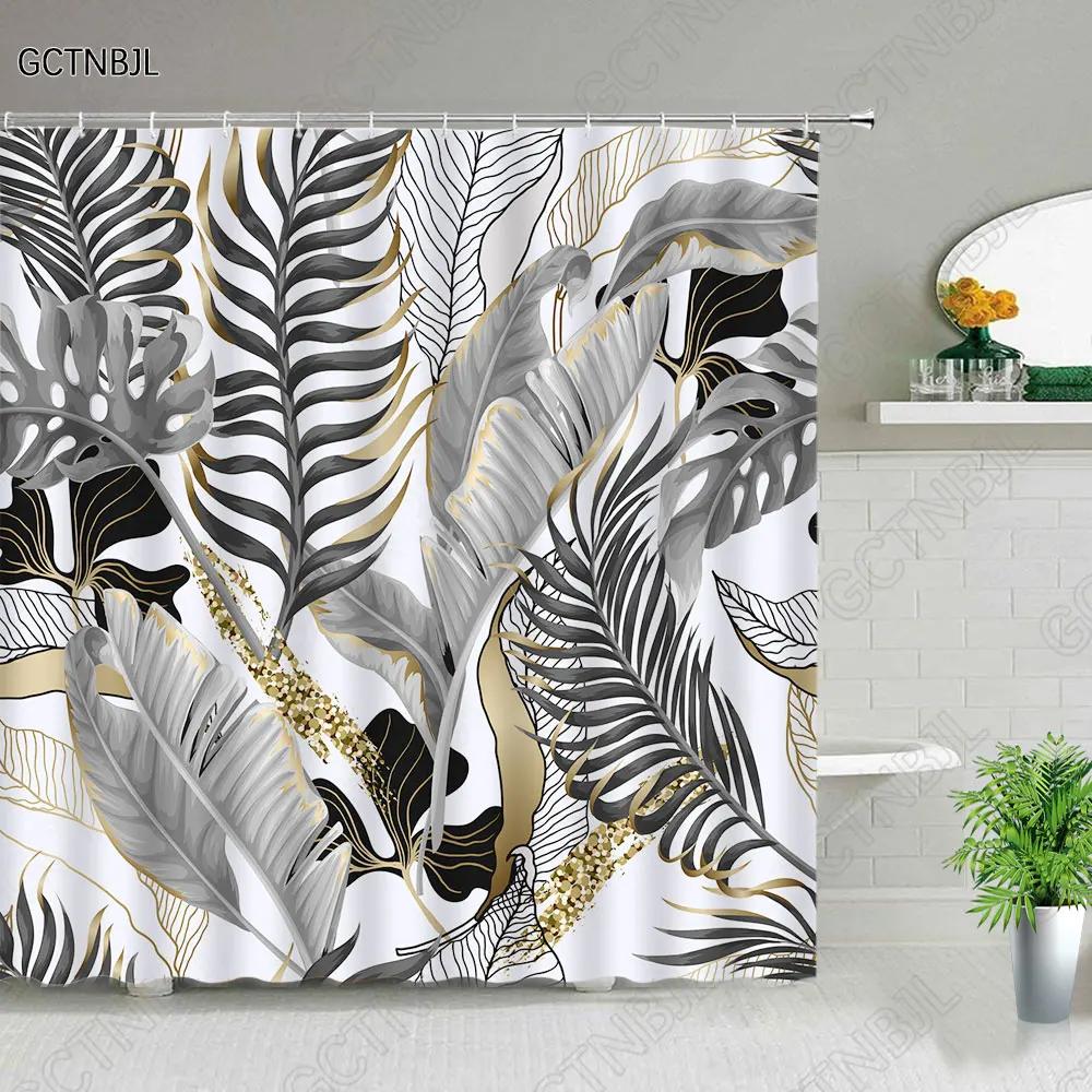 

Tropical Green Plant Bathroom Shower Curtains Black Background Gold Palm Leaf Pattern Bath Curtain Waterproof Bathtub Home Decor 35x70in-90x180cm