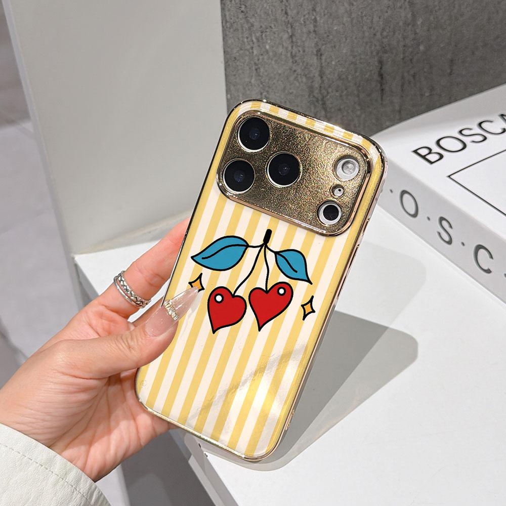 

Lucky Start Phone Case For iPhone 17 16 15 14 13 12 11 Pro Max 16E Gold Electroplated glass shell Heart Cherry Cutie Cover IPHONE11PROMAX